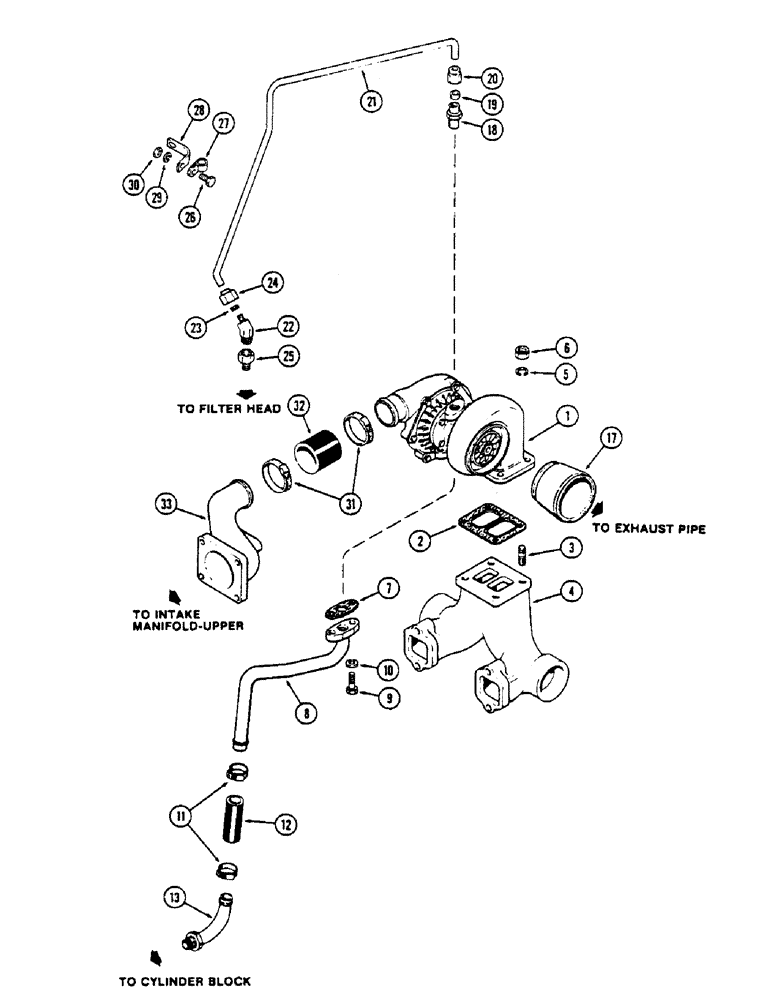 Схема запчастей Case IH 2670 - (034) - TURBOCHARGER AND ATTACHING PARTS, 504BDT INTERCOOLED DIESEL ENGINE, USED PRIOR TO ENG. S/N 10018831 (02) - ENGINE