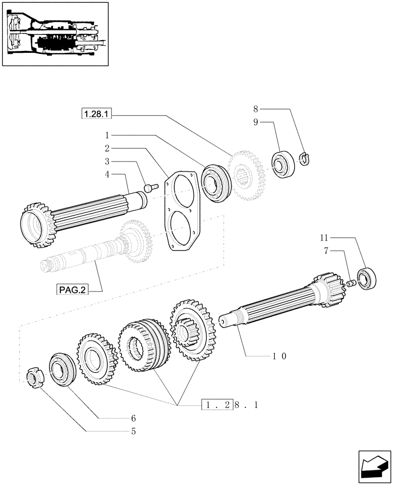 Схема запчастей Case IH JX1070U - (1.27.1/05[03]) - (VAR.275-279) POWER SHUTTLE - HI-LO - 30-40 KMH - HYDRAULIC PTO - SHAFTS AND GEARS (03) - TRANSMISSION