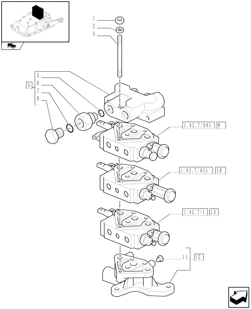 Схема запчастей Case IH FARMALL 95C - (1.82.7/09[01]) - 3 REAR REMOTE VALVES FOR MDC - CONTROL VALVES (VAR.330195) (07) - HYDRAULIC SYSTEM