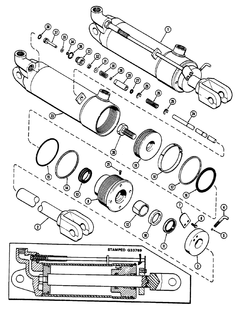 Схема запчастей Case IH 1175 - (188) - G33769 REMOTE HYDRAULIC CYLINDER, 4 INCH BORE X 8 INCH STROKE, GLAND WITH CENTER BEARING (08) - HYDRAULICS