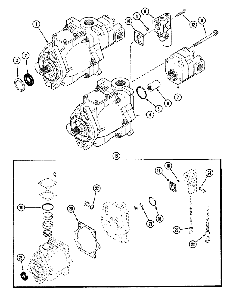 Схема запчастей Case IH 2090 - (8-382) - HYDRAULICS, GEAR AND PISTON PUMP ASSEMBLY, TRANSMISSION SERIAL NUMBER 16210895 AND AFTER (08) - HYDRAULICS