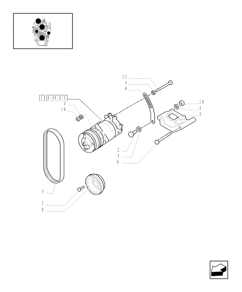 Схема запчастей Case IH JX1085C - (0.88.0[01]) - (VAR.577-608) AIR CONDITIONING UNIT - BELTS & PULLEYS - COMPRESSOR (01) - ENGINE