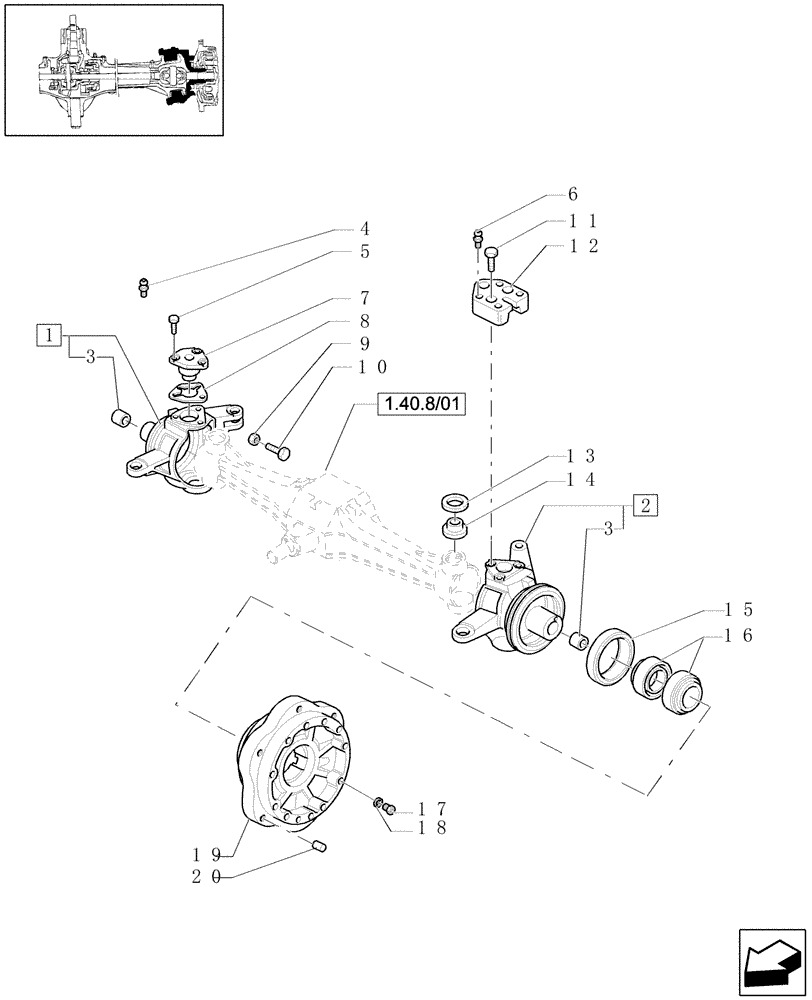 Схема запчастей Case IH JX1080U - (1.40. 8/02) - (VAR.415) FRONT AXLE CL. 2/BRAKE, FRONT MUDGARD HYDR. DIFF. LOCK. HYDR.TRANSM. - STEERING PIVOT PIN (04) - FRONT AXLE & STEERING