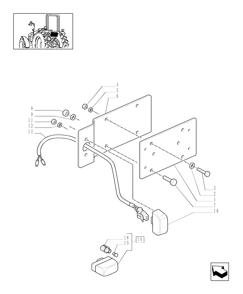 Схема запчастей Case IH MAXXUM 115 - (1.98.3/01[02]) - LICENSE PLATE LAMP & SUPPORT, MOUNTING ON MUDGUARD - L/CAB (VAR.330958) (10) - OPERATORS PLATFORM/CAB