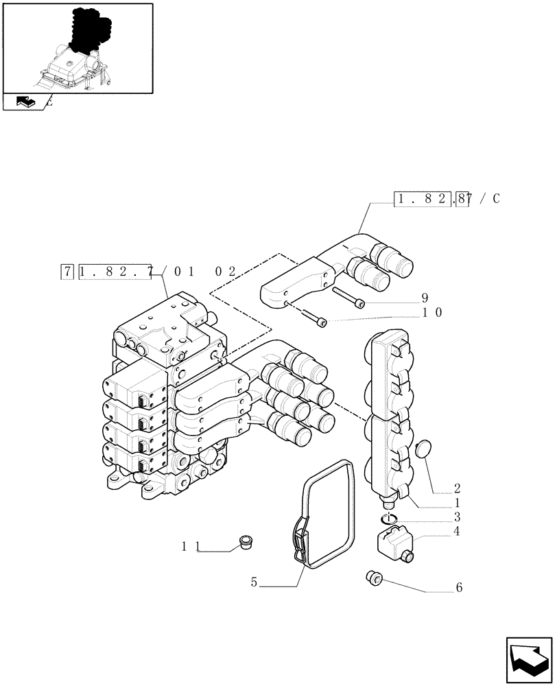 Схема запчастей Case IH MAXXUM 115 - (1.82.7/01[01]) - 4 ELECTROHYDRAULIC REAR REMOTE CONTROL VALVES - DISTRIBUTOR, COVER AND OIL COLLECTOR - C6690 (VAR.330862-338851) (07) - HYDRAULIC SYSTEM