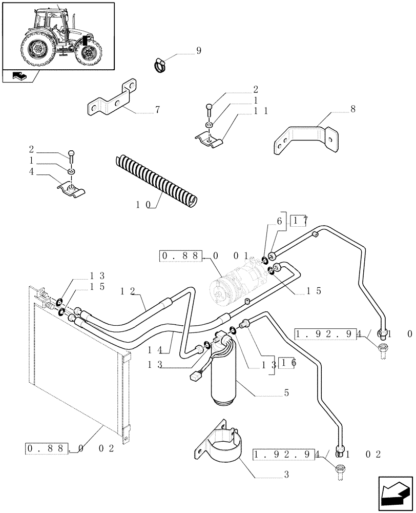 Схема запчастей Case IH FARMALL 80 - (0.88.0[03]) - AIR CONDITIONING UNIT - FILTER AND BRACKET (VAR.330641-336641) (01) - ENGINE