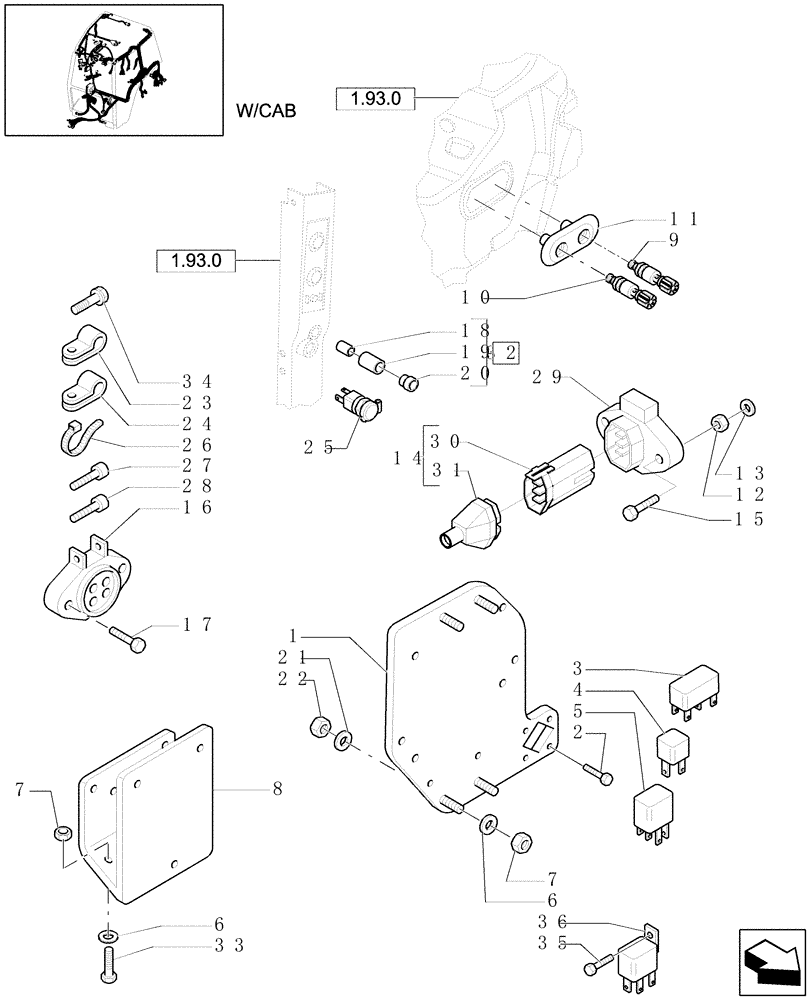 Схема запчастей Case IH MXU110 - (1.91.4[05]) - SUPPORT FOR RELAY BOX, RELAY, POWER SOCKET AND SWITCHES (10) - OPERATORS PLATFORM/CAB