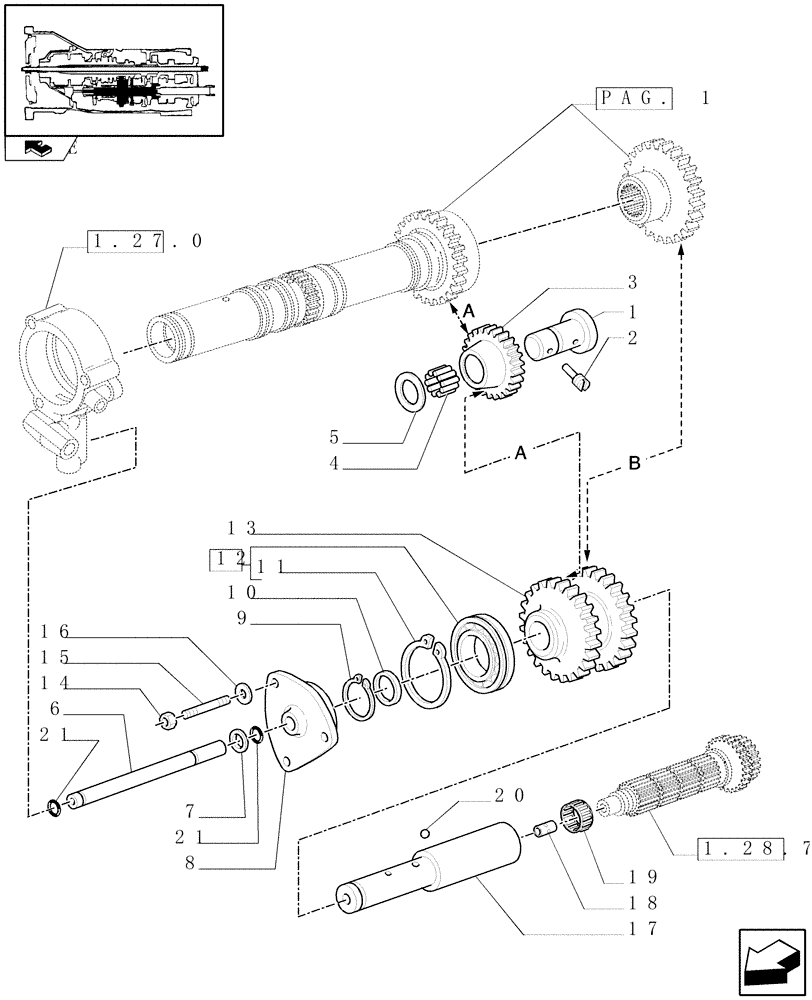 Схема запчастей Case IH FARMALL 105U - (1.28.1/02[02]) - 12X12 POWER SHUTTLE TRANSMISSION - REVERSER DRIVEN SHAFT AND GEARS (VAR.330114-331114-332114) (03) - TRANSMISSION