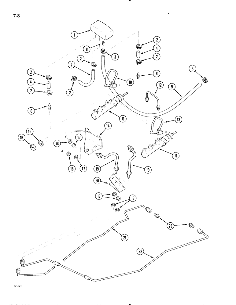 Схема запчастей Case IH 595 - (7-08) - BRAKE RESERVOIR AND PIPES, TRACTOR WITH CAB (07) - BRAKES