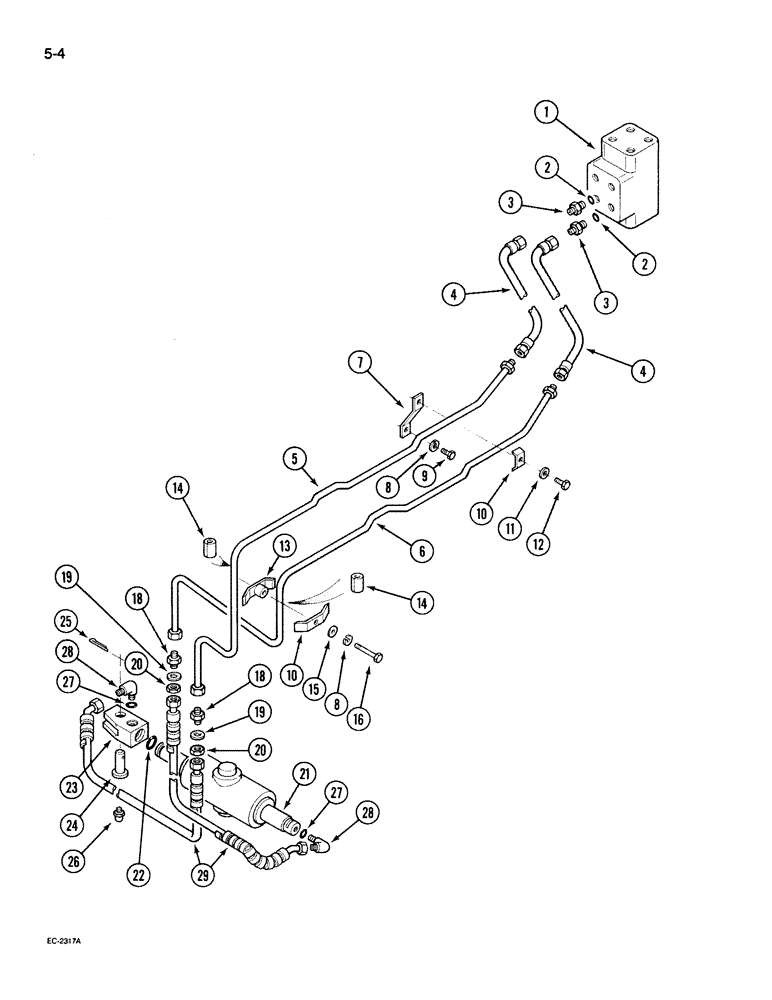 Схема запчастей Case IH 395 - (5-004) - POWER STEERING TUBES, FRONT, 2 WHEEL DRIVE TRACTOR (05) - STEERING