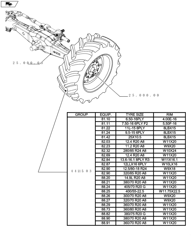 Схема запчастей Case IH FARMALL 75C - (44.000.00[01]) - PICTORIAL INDEX - AXLE AND WHEELS - FRONT (44) - WHEELS