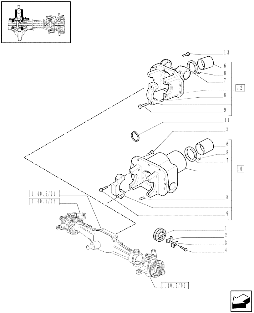 Схема запчастей Case IH JX1075C - (1.40.5/05[01]) - (VAR.326/1-326/2) STANDARD FRONT AXLE W/ ELECTROHYDR. DIFF. LOCK, W/ FRONT BRAKES (30KM/H) - PIPES (04) - FRONT AXLE & STEERING