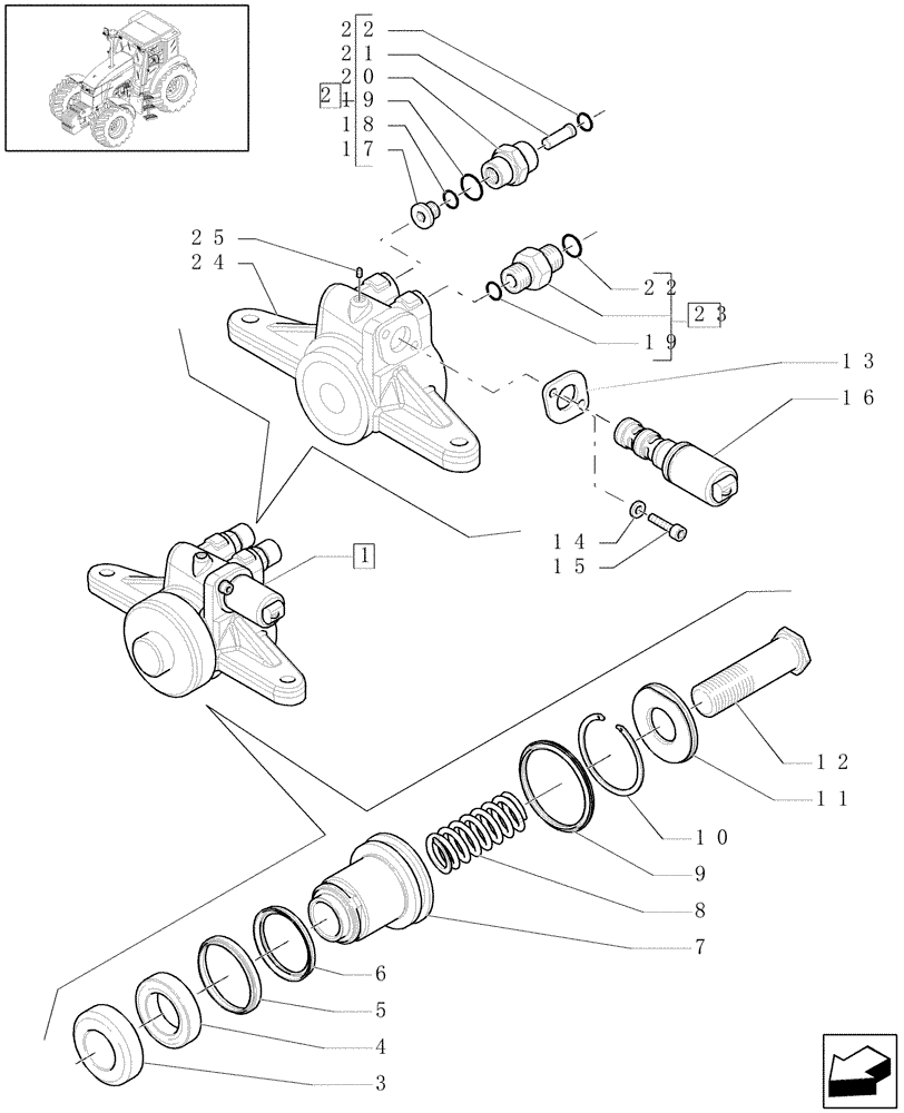 Схема запчастей Case IH MXU110 - (1.80.5/ B) - (VAR.173) FRONT POWER TAKE-OFF - CYLINDER - BREAKDOWN (07) - HYDRAULIC SYSTEM