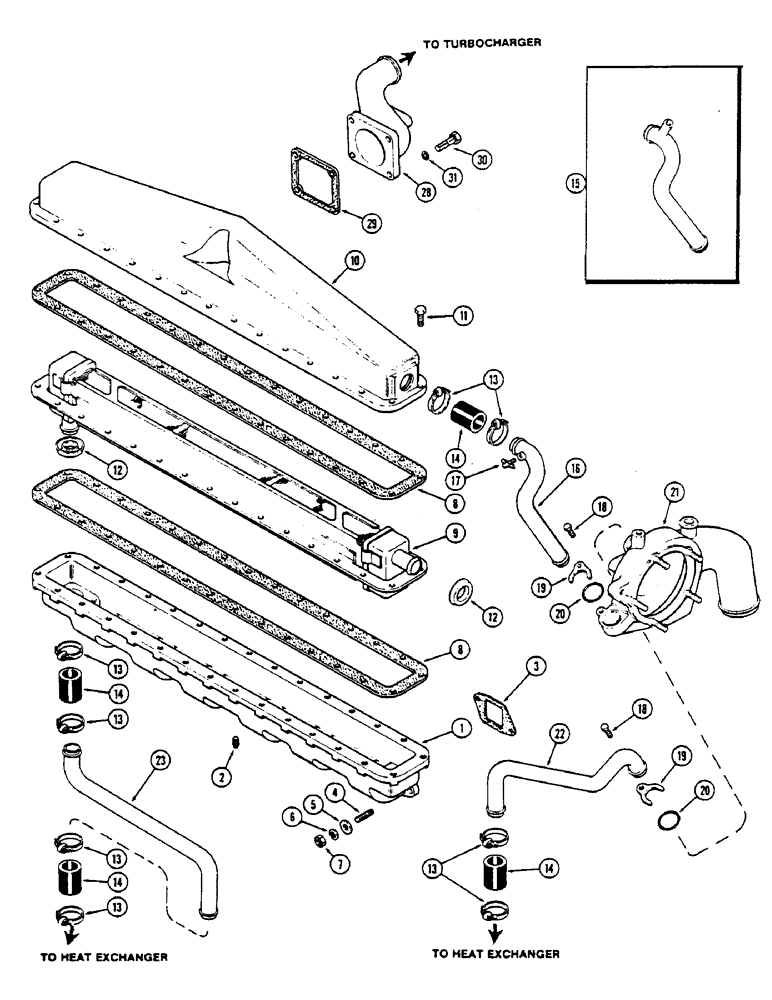 Схема запчастей Case IH 2670 - (028) - INTAKE MANIFOLD AND INTERCOOLER, 504BDT INTERCOOLED DIESEL ENGINE, USED BEFORE ENG. S/N 10018831 (02) - ENGINE