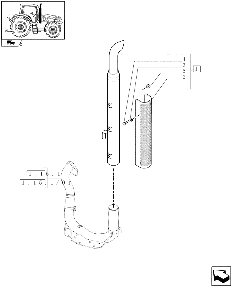 Схема запчастей Case IH MAXXUM 110 - (1.15.1/02) - AIR CLEANER WITH PRE-CLEANER "SPIN TUBE" FOR ROOF WITH LOW PROFILE - SILENCER (MUFFLER) (VAR.332189-333189) (02) - ENGINE EQUIPMENT