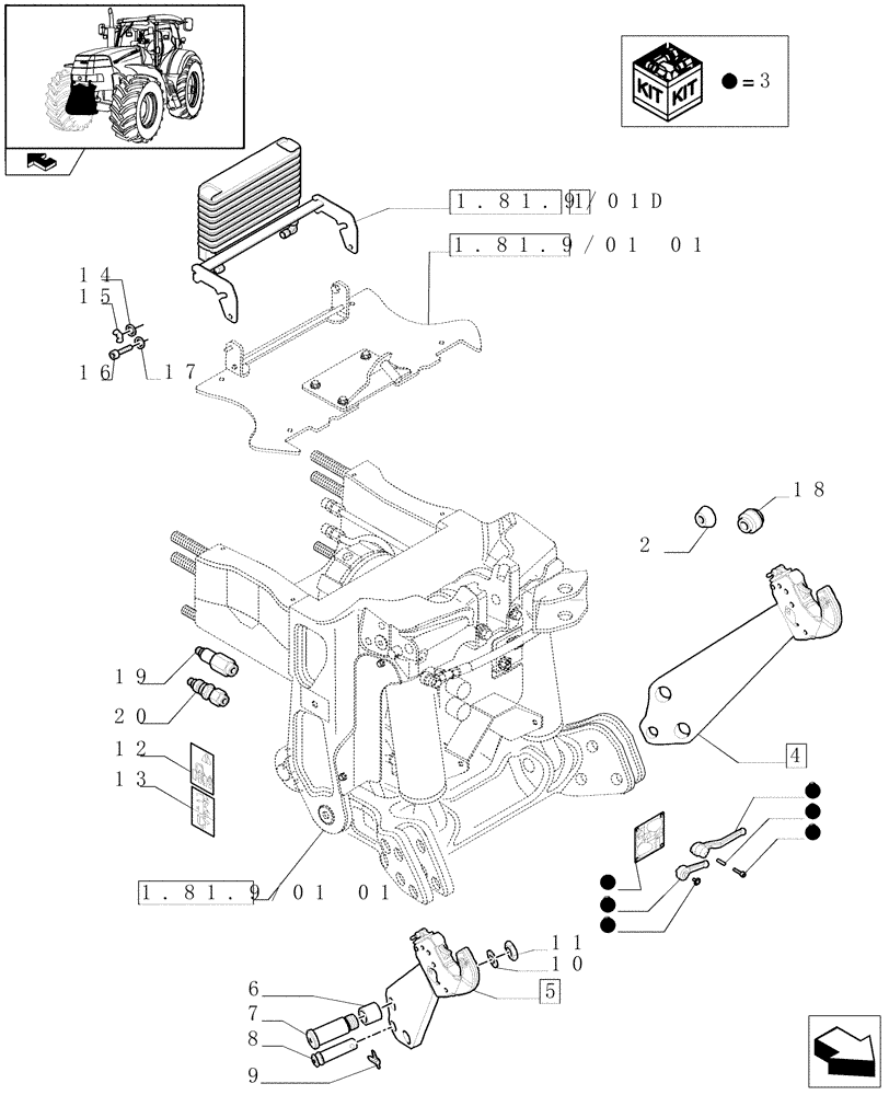 Схема запчастей Case IH PUMA 210 - (1.81.9/03[02]) - (VAR.091) FRONT HPL FOR MID MOUNT REMOTES WITH PTO, WITH AUX. COUPLERS - LINK AND ARMS - C6726 (07) - HYDRAULIC SYSTEM