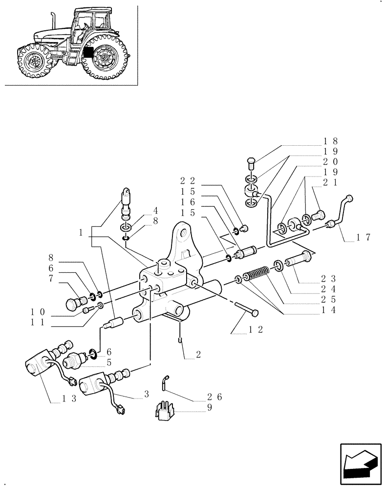 Схема запчастей Case IH JX70U - (1.33.2/17[02]) - (VAR.727) SYNCHRO MESH GEARED POWER TAKE -OFF 540 RPM - VALVE SUPPORT (04) - FRONT AXLE & STEERING