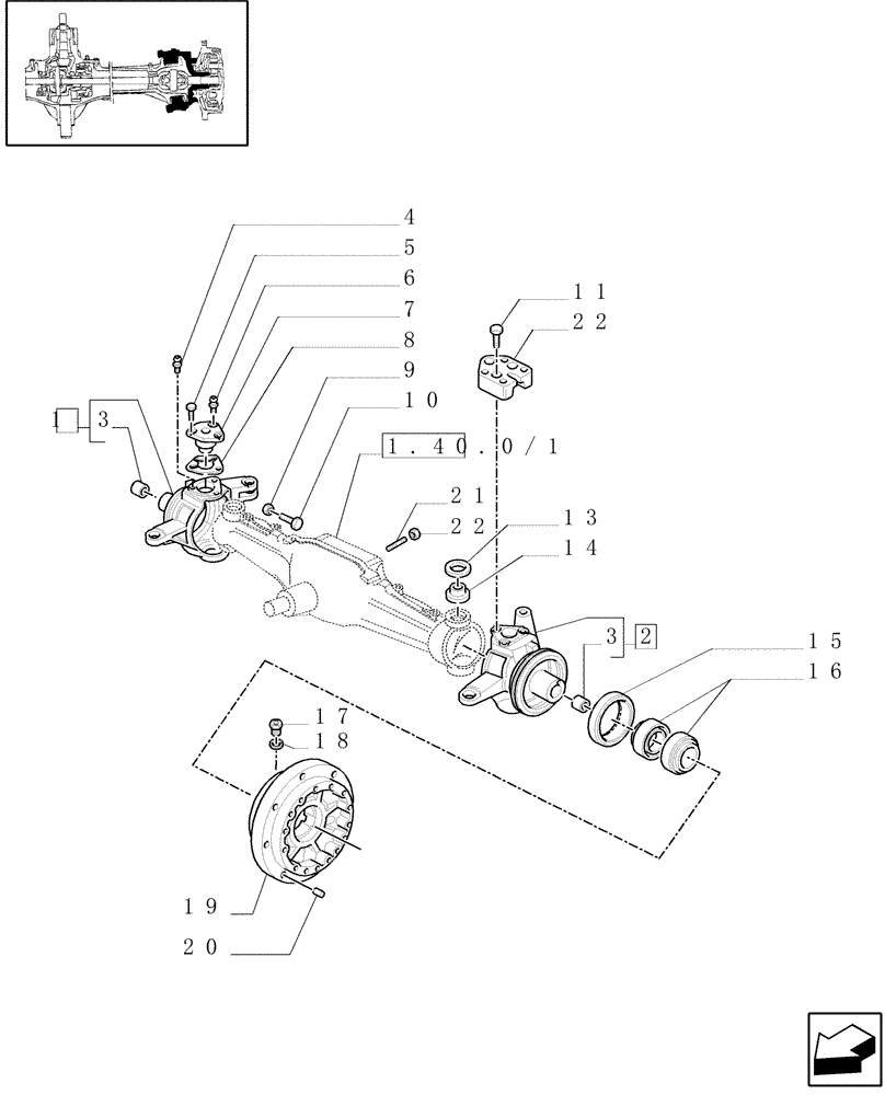 Схема запчастей Case IH JX90U - (1.40.0/23[02]) - (VAR.325) ELECTROHYD. FRONT DIFFENTIAL LOCK 40 KM/H, BRAKES AND MUDGUARDS - STEERING PIVOT PIN (04) - FRONT AXLE & STEERING