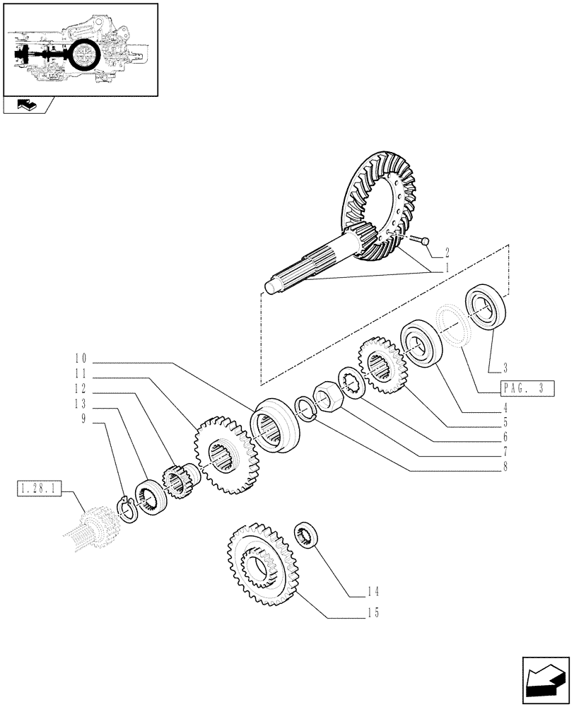 Схема запчастей Case IH FARMALL 90 - (1.32.1[01]) - CENTRAL REDUCER GEARING - BEVEL GEAR PAIR (03) - TRANSMISSION