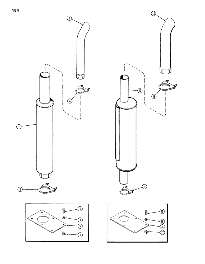 Схема запчастей Case IH 336BD - (154) - EXHAUST SYSTEM, MUFFLER, VERTICAL WITH 90 DEGREE ELBOW, WITH 3-1/2 INCH INLET 