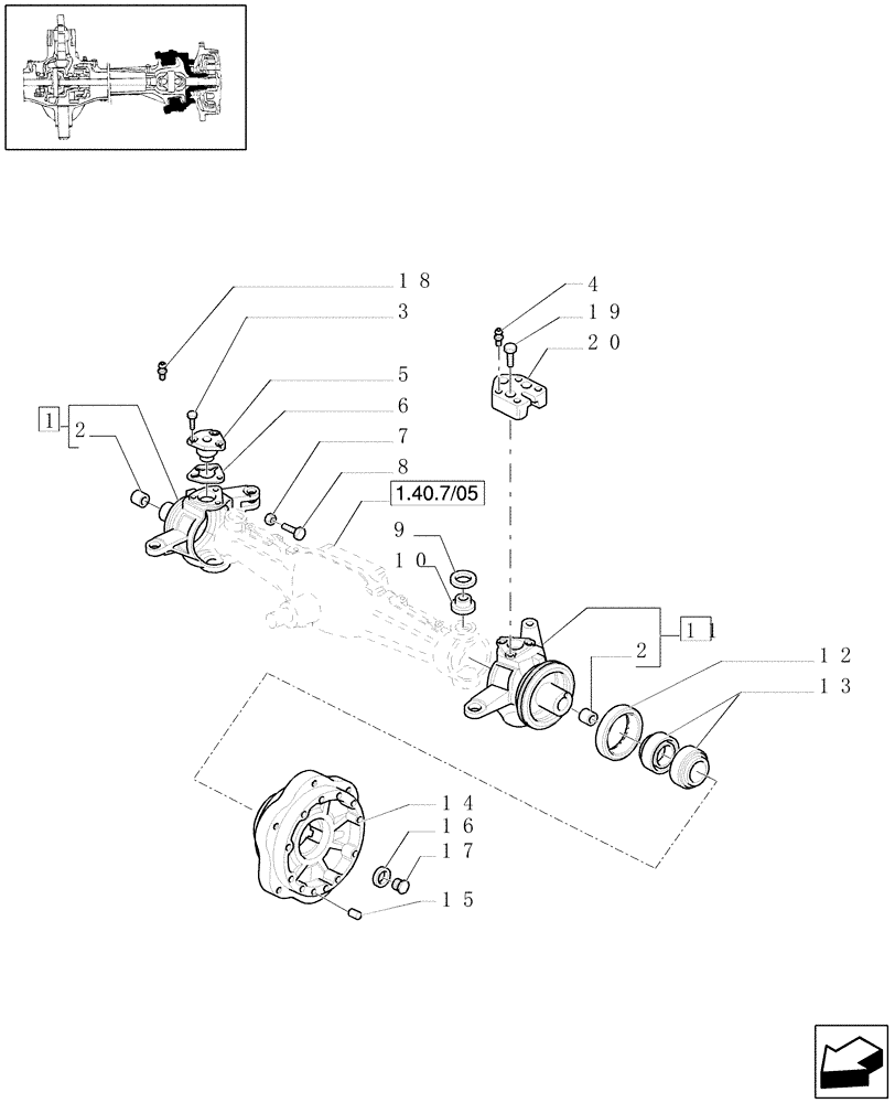 Схема запчастей Case IH JX1080U - (1.40. 7/06[01]) - (VAR.327/1) ELECTROHYD. FRONT DIFFENTIAL LOCK, BRAKES AND MUDGUARDS - STUB AXLES AND HUBS (04) - FRONT AXLE & STEERING