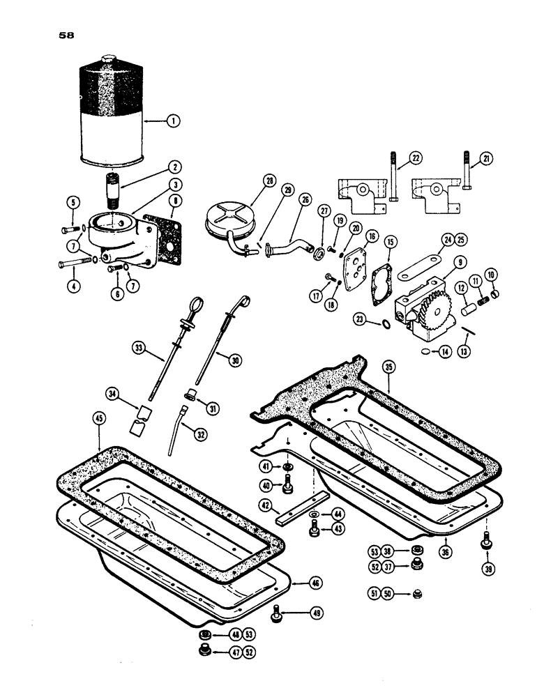 Схема запчастей Case IH 530 - (058) - OIL FILTER, OIL PUMP AND OIL PAN, PRIOR TO S/N 8262800, 530 MODEL, 159 SPARK IGNITION ENGINE (02) - ENGINE