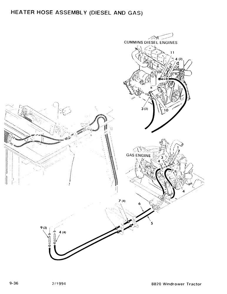 Схема запчастей Case IH 8820 - (9-36) - HEATER HOSE ASSEMBLY, DIESEL AND GAS (09) - CHASSIS/ATTACHMENTS