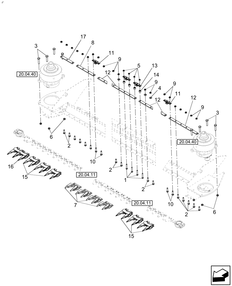 Схема запчастей Case IH DH182 - (20.04.10) - DOUBLE KNIFE DRIVE, SCHUMACHER CUTTING SYSTEM, GUARDS (14) - CROP CUTTING