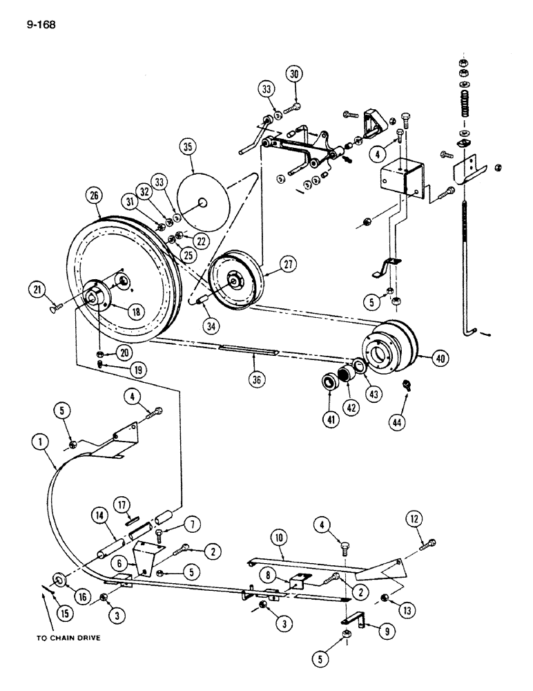 Схема запчастей Case IH 1620 - (9-168) - GRAIN TANK UNLOADER BELT DRIVE (17) - GRAIN TANK & UNLOADER