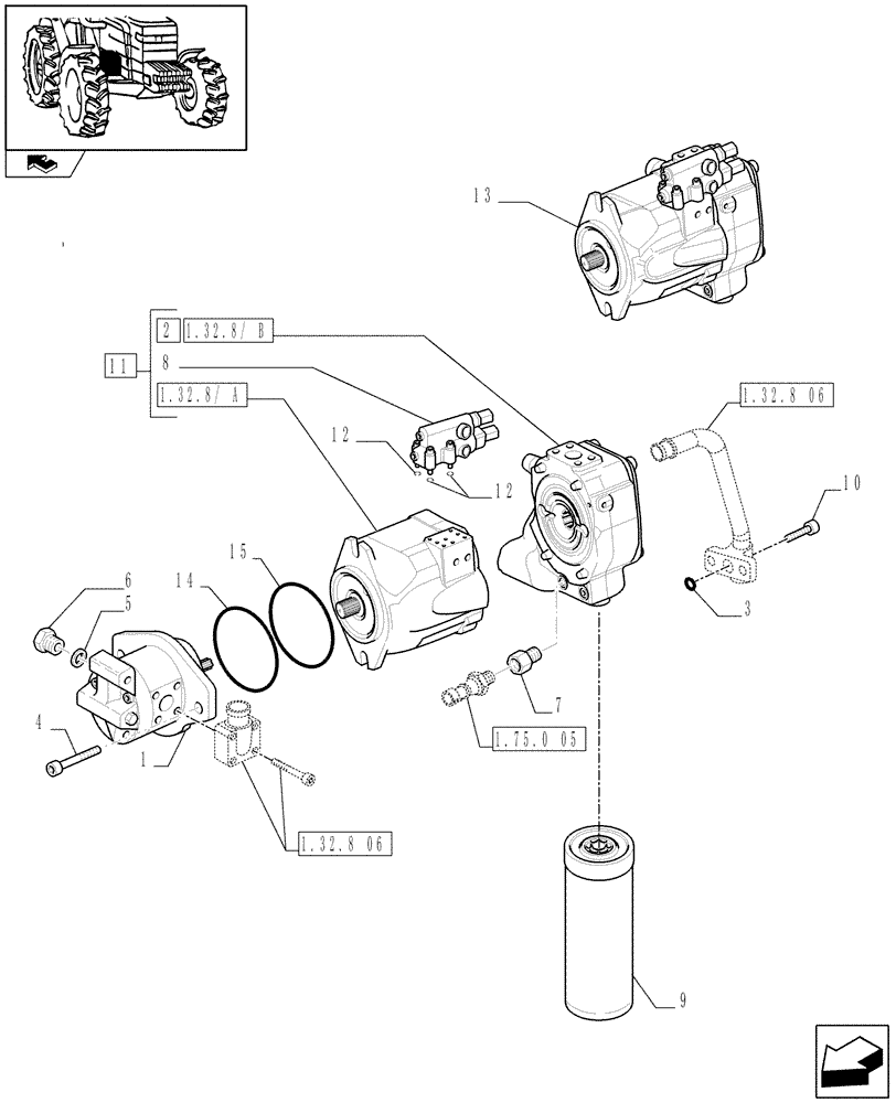 Схема запчастей Case IH PUMA 195 - (1.32.8[04]) - PUMPS FOR HYDRAULIC SYSTEM AND LIFT - PUMPS AND FILTER (03) - TRANSMISSION