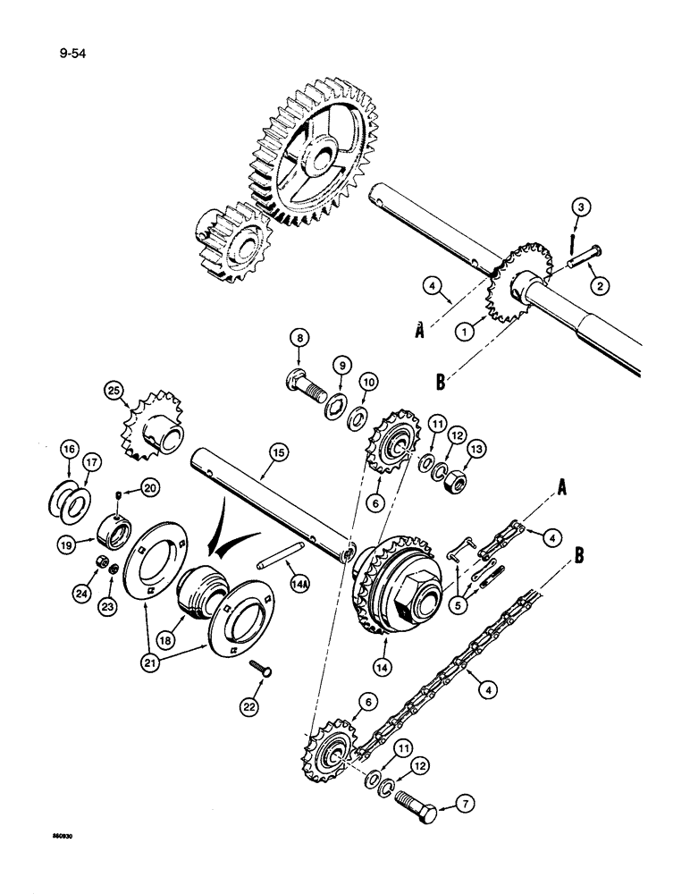 Схема запчастей Case IH 8600 - (9-054) - FERTILIZER DRIVE PARTS, MAIN DRIVE TO FERTILIZER JACKSHAFT (09) - CHASSIS/ATTACHMENTS