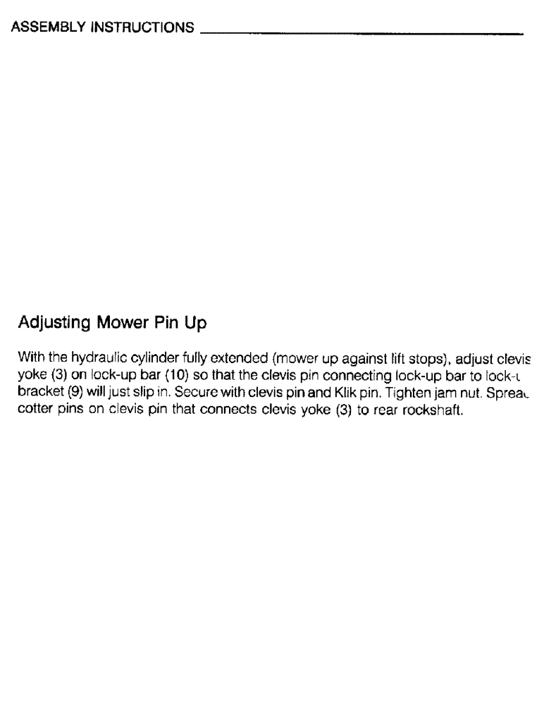 Схема запчастей Case IH M172 - (58) - ASSEMBLY INSTRUCTIONS, ADJUSTING MOWER PIN UP (05) - SERVICE & MAINTENANCE