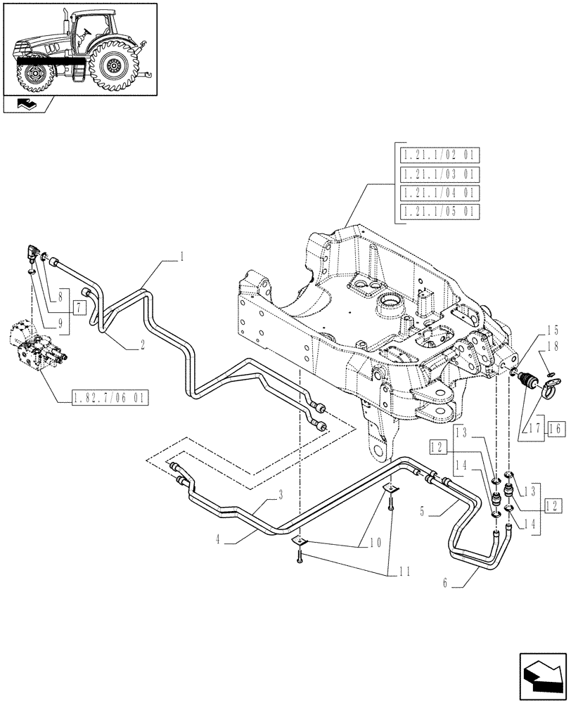 Схема запчастей Case IH PUMA 140 - (1.81.9/04[01A]) - 2 FRONT COUPLERS FOR INTEGRATED FRONT HPL FROM MID MOUNT VALVES - PIPES (VAR.332814) - D6989 (07) - HYDRAULIC SYSTEM