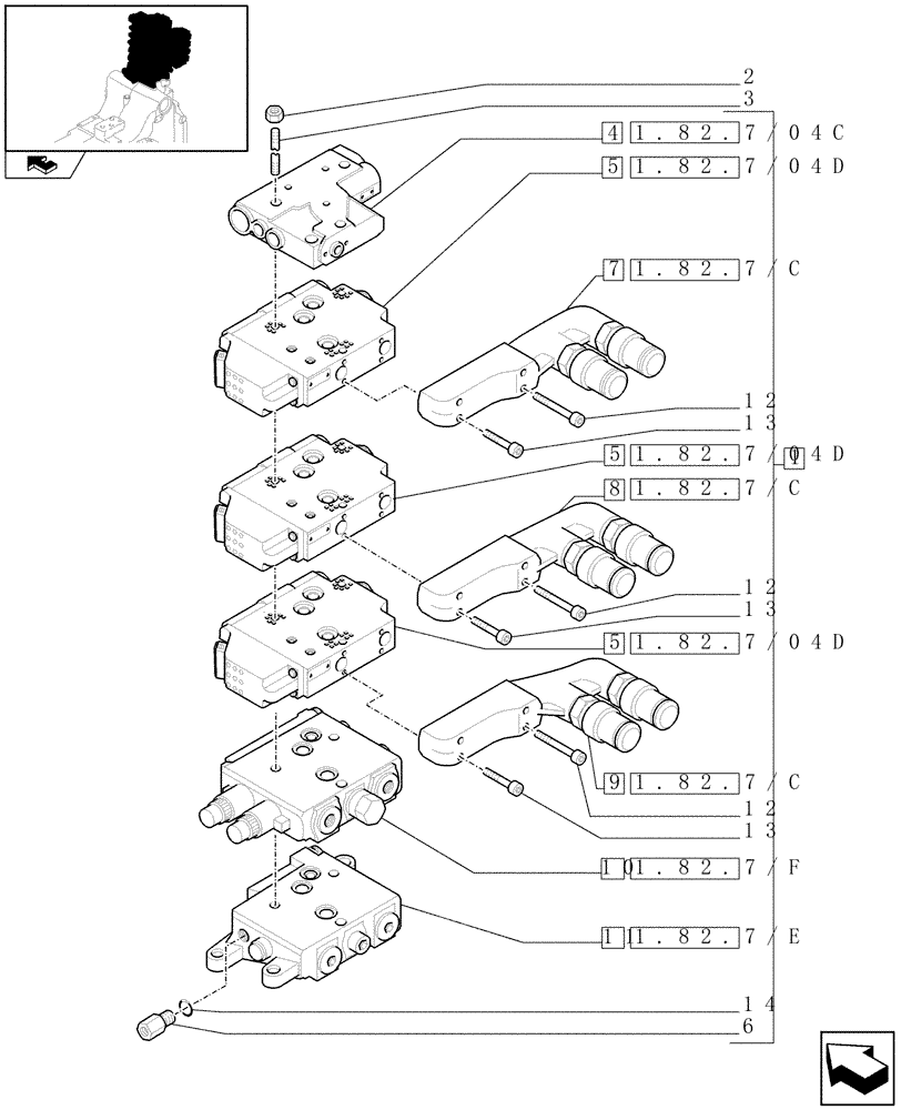 Схема запчастей Case IH PUMA 140 - (1.82.7/04[03]) - 3 ELECTROHYDRAULIC REAR REMOTE CONTROL VALVES (EHS1) - VALVE SECTIONS AND QUICK COUPLERS (VAR.330856) (07) - HYDRAULIC SYSTEM