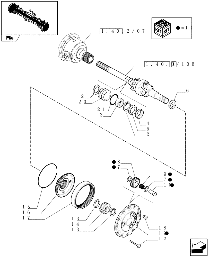 Схема запчастей Case IH PUMA 165 - (1.40.2/10[01]) - (VAR.463) FRONT AXLE WITH ACTIVE SUSPENSIONS - AXLE SHAFTS AND EPICICLIC REDUCERS (04) - FRONT AXLE & STEERING