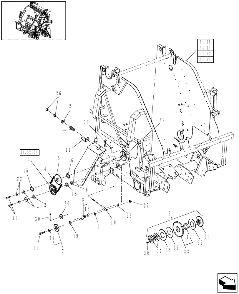 Схема запчастей Case IH RBX563 - (12.07) - MAIN DRIVE, RH & SLIP CLUTCH, NET-TWINE (12) - MAIN FRAME