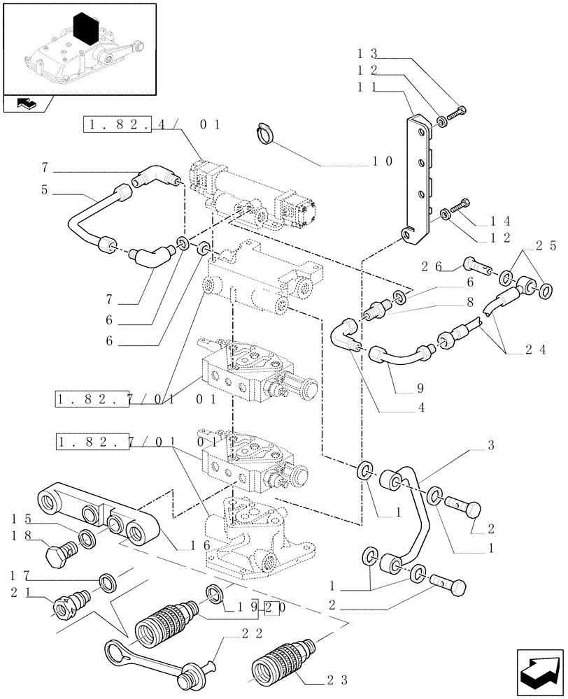 Схема запчастей Case IH FARMALL 75N - (1.82.7/01[03]) - 2 REAR REMOTES FOR EDC - BRACKETS, UNION AND QUICK COUPLING - W/CAB (07) - HYDRAULIC SYSTEM