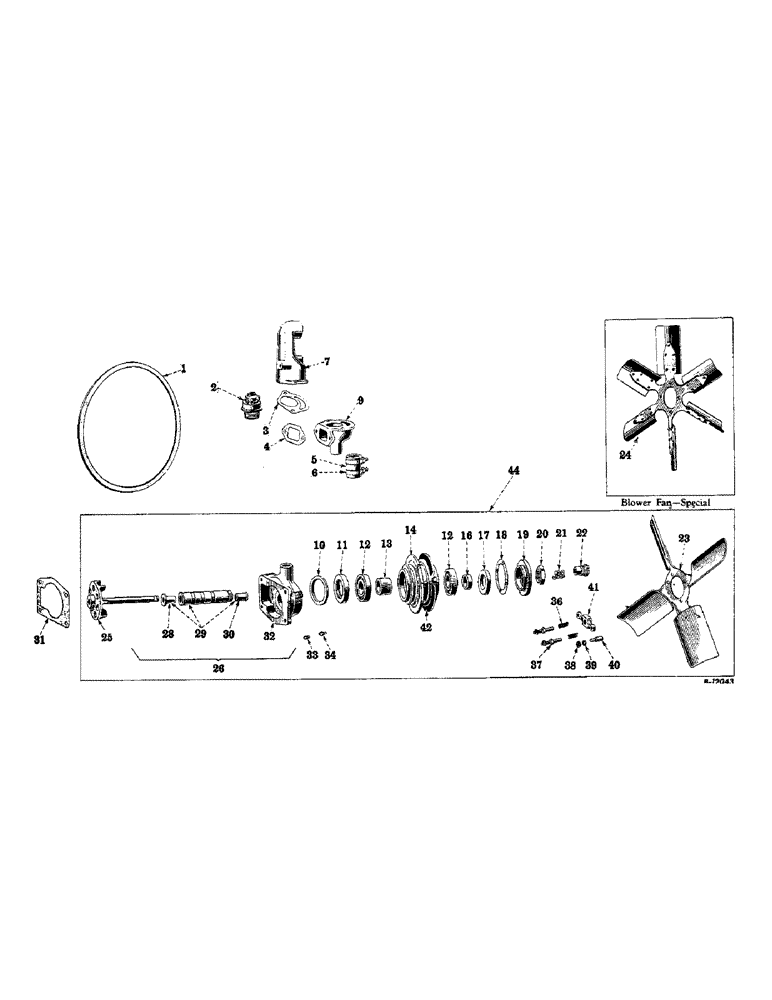 Схема запчастей Case IH FARMALL MD - (027) - CARBURETED ENGINE, FAN, THERMOSTAT AND WATER PUMP (01) - ENGINE