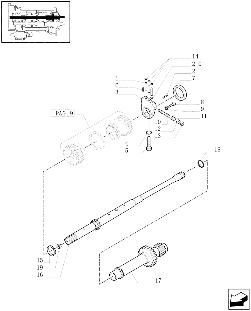 Схема запчастей Case IH MXU115 - (1.28.1/05[10]) - (VAR.085-087) 16X16 (SPS) W/P. SHUTTLE & ADV. HARNESS - SLOW RANGE DRIVING SHAFT AND PTO SHAFT (03) - TRANSMISSION