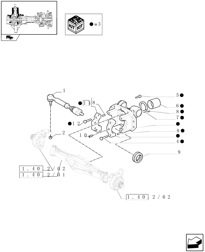 Схема запчастей Case IH FARMALL 95U - (1.40.2/05) - FRONT AXLE WITH DIFFERENTIAL LOCK AND BRAKES - SUPPORT AND ROD (VAR.330415) (04) - FRONT AXLE & STEERING