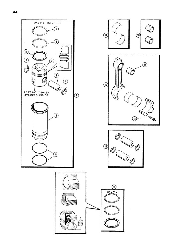 Схема запчастей Case IH 336BD - (044) - PISTON ASSEMBLY AND CONNECTING RODS, ENGINE LESS FUEL DEVICE, 336B NATURALLY ASPIRATED ENGINES 