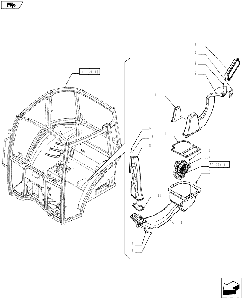 Схема запчастей Case IH FARMALL 75C - (50.200.06[02]) - HEATING SYSTEM - FILTER AND LEFT AIR DUCTS (50) - CAB CLIMATE CONTROL