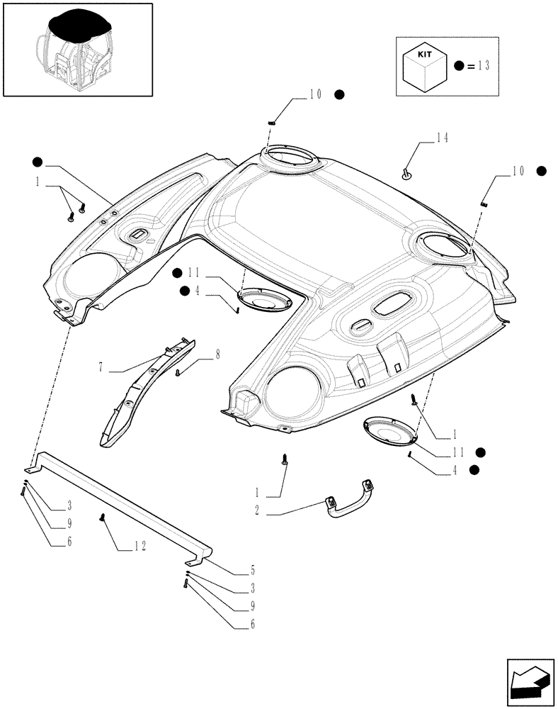 Схема запчастей Case IH MAXXUM 120 - (1.94.0/07[01]) - ROOF WITH HIGH PROFILE WITH HIGH VISIBILITY PANEL - HEADLINER - C5936 (10) - OPERATORS PLATFORM/CAB