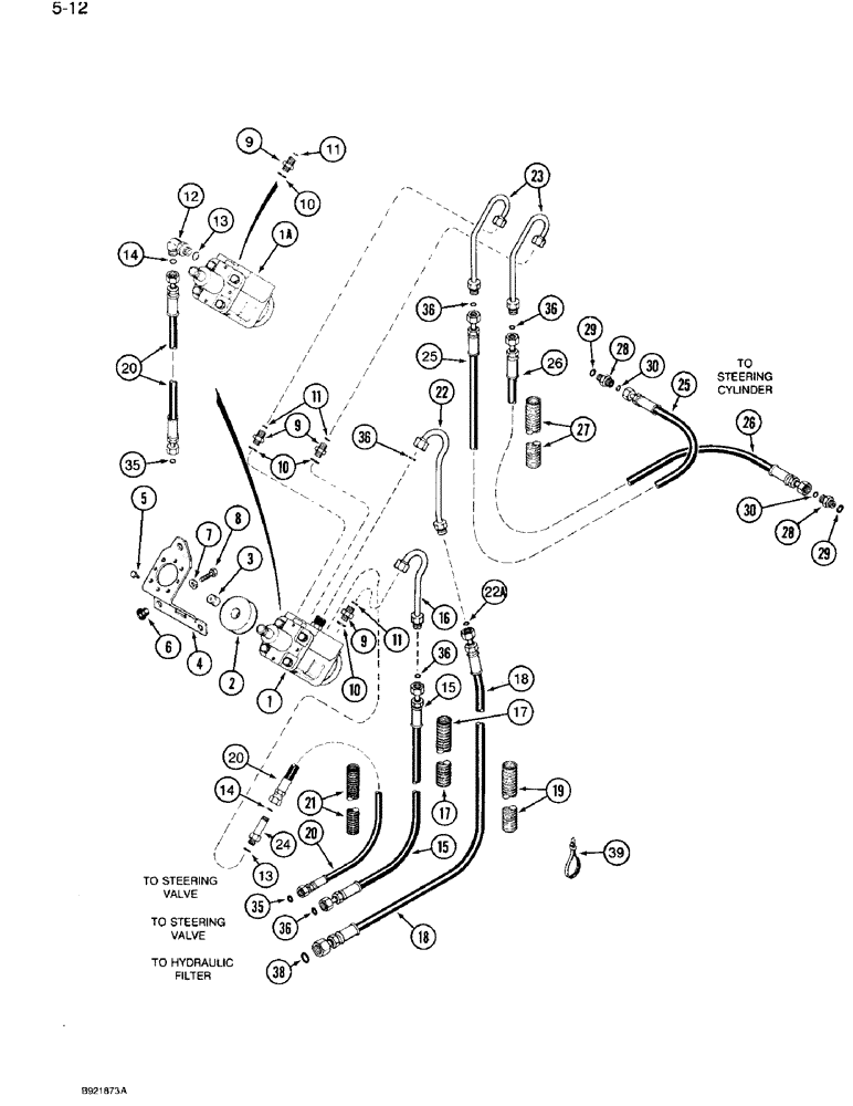 Схема запчастей Case IH 7110 - (5-12) - HYDROSTATIC STEERING SYSTEM, STEERING PUMP TO STEERING CYLINDER, EATON PUMP, TWO WHEEL DRIVE (05) - STEERING