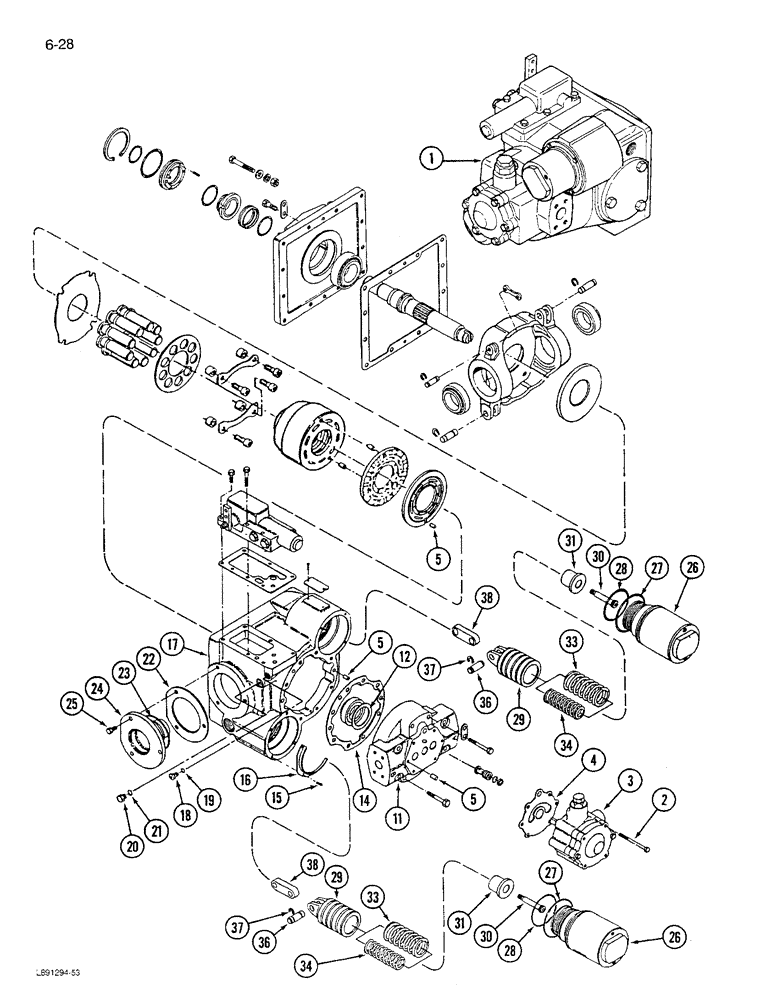 Схема запчастей Case IH 1680 - (6-028) - HYDROSTATIC PUMP ASSEMBLY, W/ SINGLE & DUAL SPEED MOTOR, CORN, GRAIN, AND RICE COMBINE (03) - POWER TRAIN