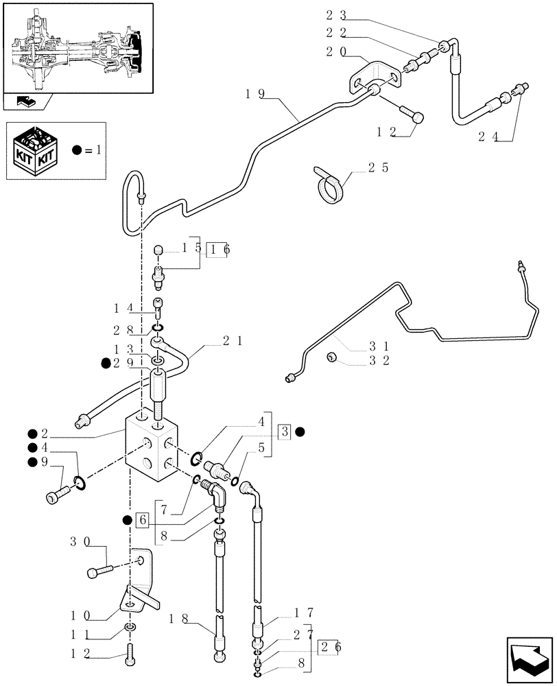 Схема запчастей Case IH MAXXUM 115 - (1.40.2/14[03]) - (CL.3) SUSPENDED FRONT AXLE WITH HYDR. DIF. LOCK, ST. SENSOR AND BRAKES - BRAKE VALVE AND PIPES (VAR.330427) (04) - FRONT AXLE & STEERING