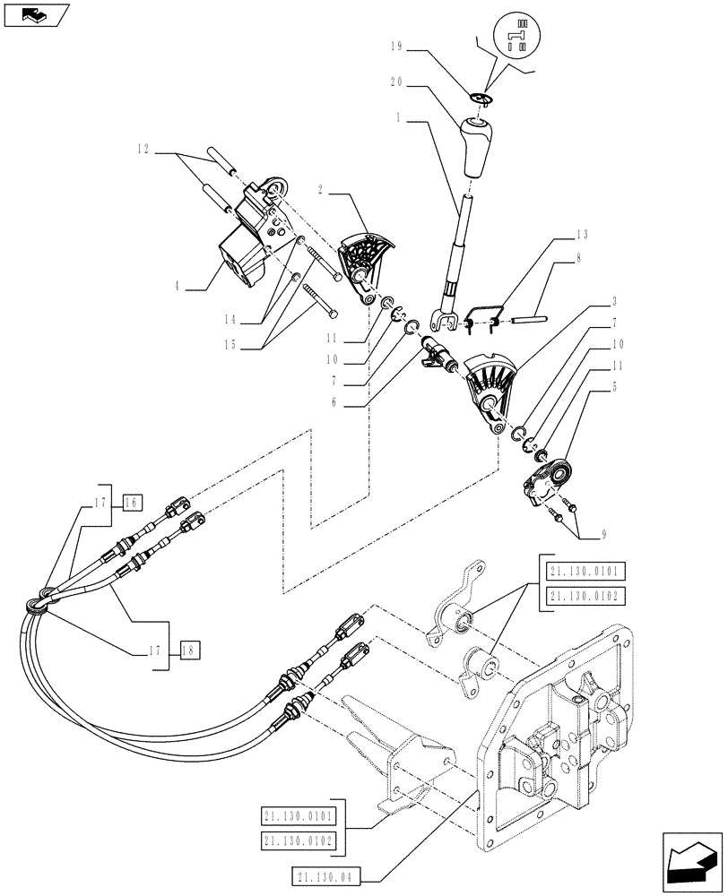 Схема запчастей Case IH FARMALL 65C - (21.130.0301) - RANGE SELECTOR AND CABLES - ISO (21) - TRANSMISSION