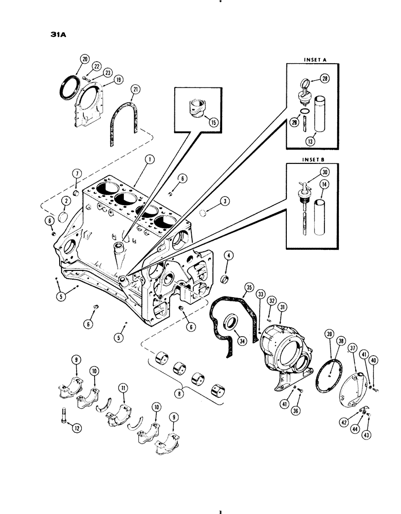 Схема запчастей Case IH 830-SERIES - (031A) - CYLINDER BLOCK ASSEMBLY, MODEL 830, 284 SPARK IGNITION ENGINE, USED PRIOR TO ENG. S/N 2174225 (02) - ENGINE