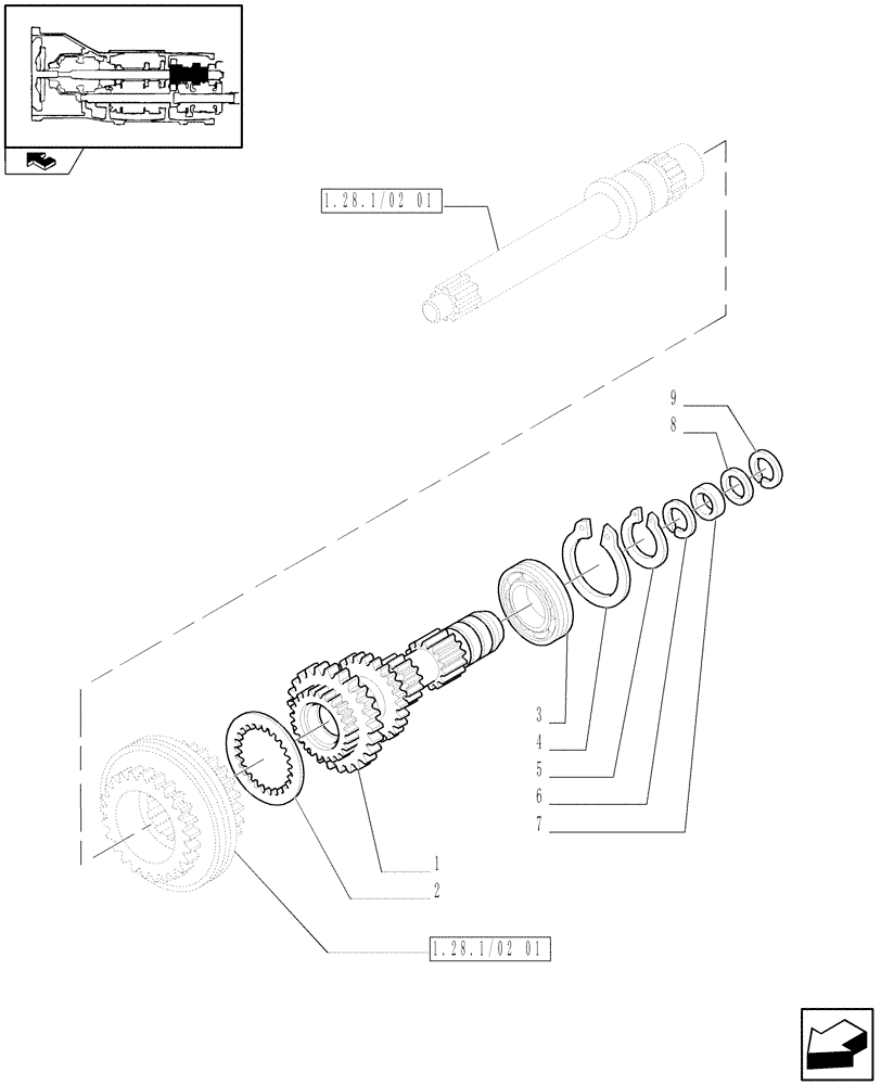 Схема запчастей Case IH FARMALL 105V - (1.28.1/02[02]) - HI-LO GEAR BOX GEARING - DRIVING GEAR SHAFT (VAR.330275-331275 / 743510; VAR.330273) (03) - TRANSMISSION