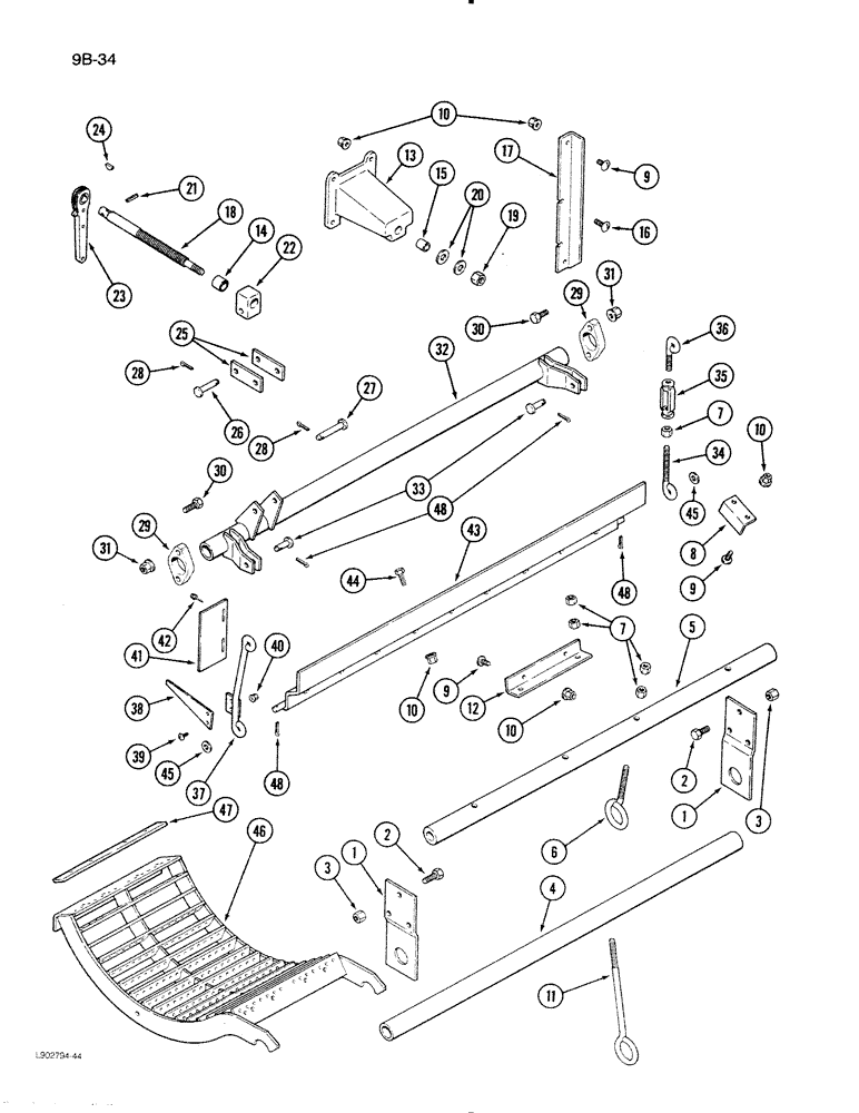 Схема запчастей Case IH 1620 - (9B-34) - CONCAVE SUPPORTS AND CONTROLS (14) - ROTOR, CONCANVES & SIEVE